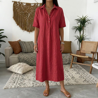 Cardydony Women's Solid Color Lapel Linen Blend Shirt Midi Dress
