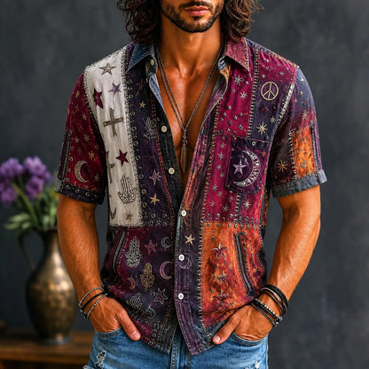 Cardydony Men's Retro Hippie Moon Peace Contrast Art Patchwork Print Shirt
