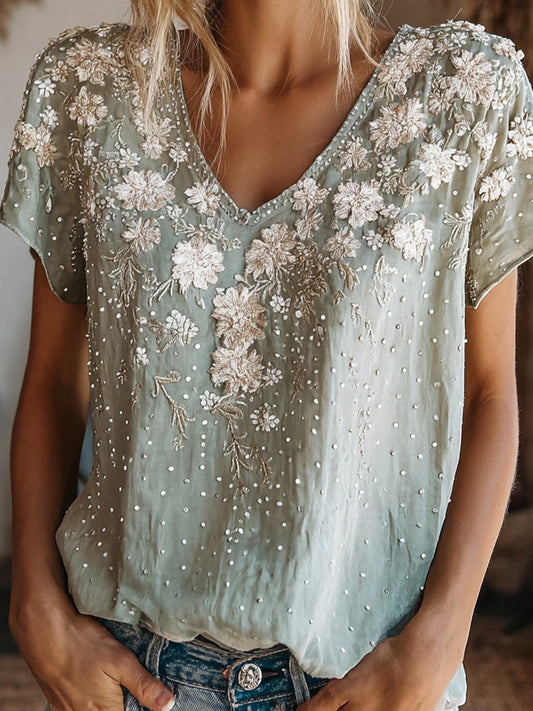 Cardydony Bohemian Shabby Chic Ombre Sage Green Floral Embroidered V Neck Top