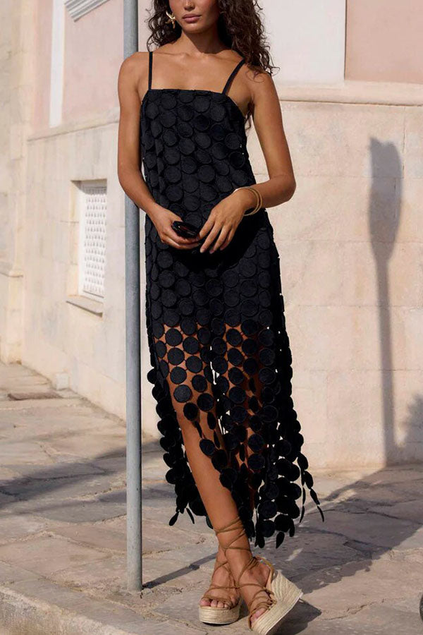 Cardydony Women's Juju Embroidered Cutout Polka Dots Square Neck Tassel Hem Slip Maxi Dress