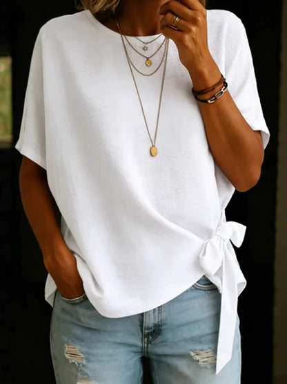 Cardydony Women's Vintage Bow-tie Short Sleeves Round Neck Linen T-shirt