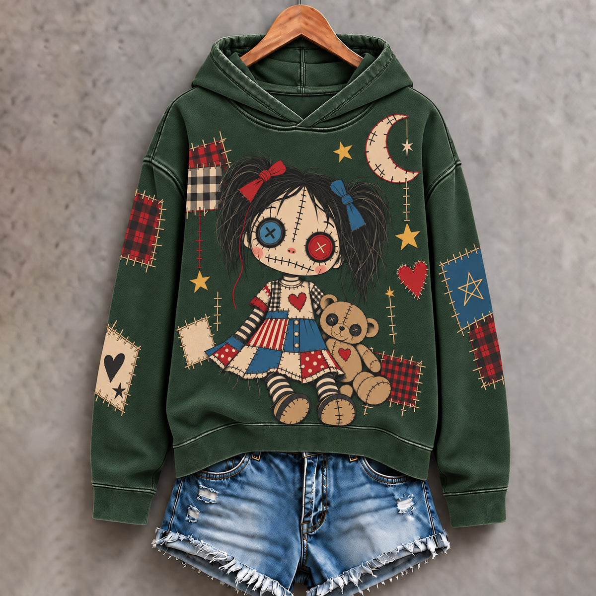 Cardydony Women's Halloween Patchwork Doll Art Print Hoodie