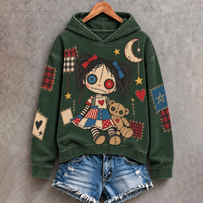 Cardydony Women's Halloween Patchwork Doll Art Print Hoodie