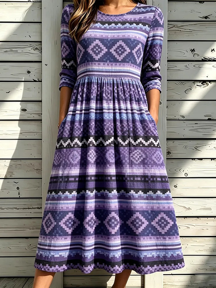 Cardydony Women's Geometric Boho Midi Dress - Purple Tribal Aztec Pattern, Diamond Geometrics And Chevron Print Casual Dress