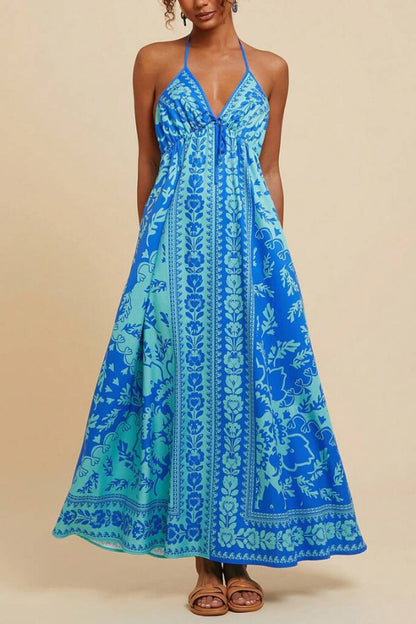 Cardydony Women's Unique Printed V-neck Backless Casual Vacation Maxi Dress