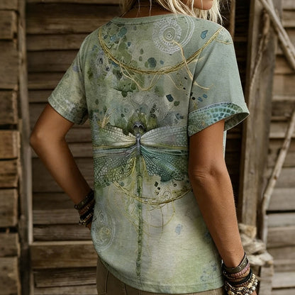 Cardydony Women's Vintage Dragonfly Art Print Flowy Short Sleeve Tshirt