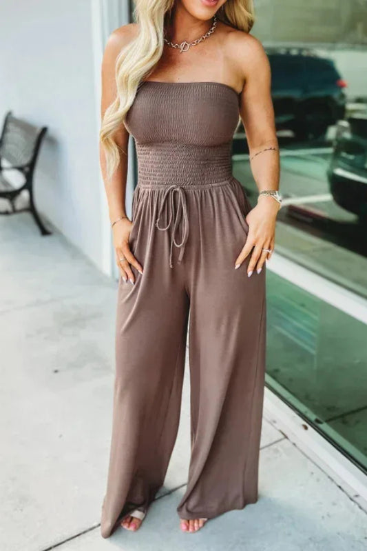 Cardydony Women's Solid Color Sleeveless Off-shoulder Pleated Loose Pocket Casual Wide-leg Jumpsuit
