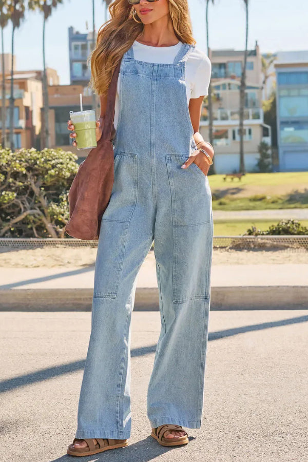 Cardydony Women's Stylish Loose Pockets Side Buttons Wide-leg Denim Jumpsuit
