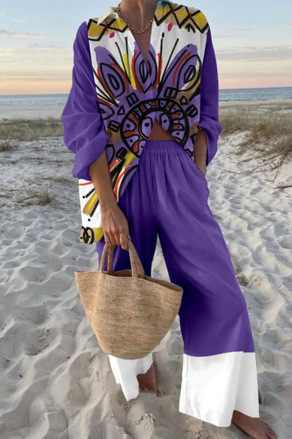 Cardydony Women's  Abstract Print Oversized Shirt and Elastic Waist Pocket Pants Set