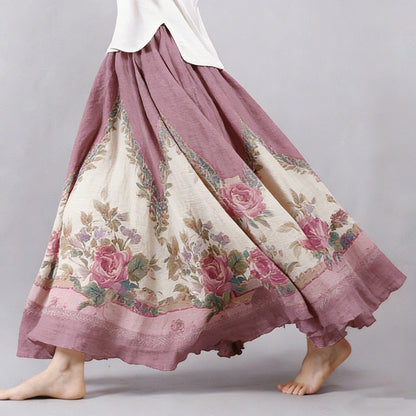 Cardydony Women's Vintage Bohemian Rose Floral Pattern Linen Skirt