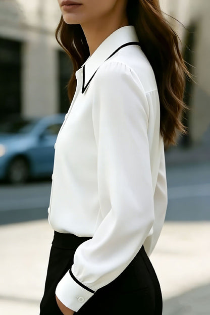 Cardydony Women's Stylish Color-blocked Collared Long-sleeved Casual Button-down Shirt