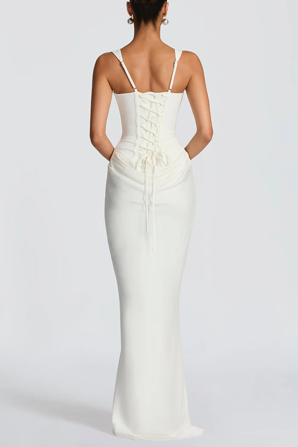 Cardydony Women's Larrah Square Neck Back Lace-up Satin Drape Hem Maxi Dress