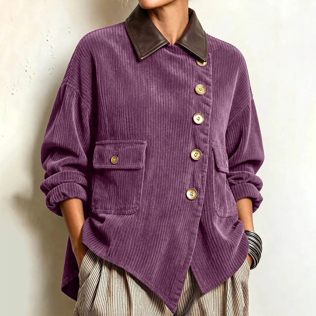 Cardydony Women's Fall Winter Cozy Asymmetric Corduroy Top