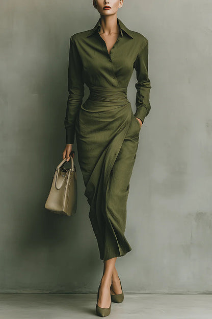 Cardydony Women's Solid Color Lapel Long Sleeve Pocket Slim-fit Asymmetrical Midi Dress