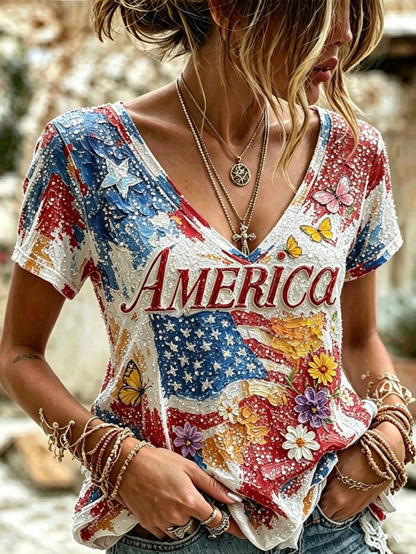 Cardydony Women's Vintage American Flag, Floral, And Butterfly Print Sequined V-neck Short-sleeved Top