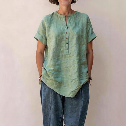Cardydony Women's Solid Color Stand Collar Button Linen Blend Shirt