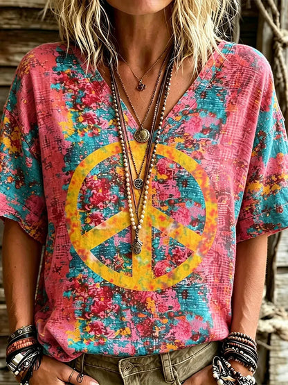 Cardydony Retro Hippie Colorful Tie-dye Peace Symbol V-neck T-shirt