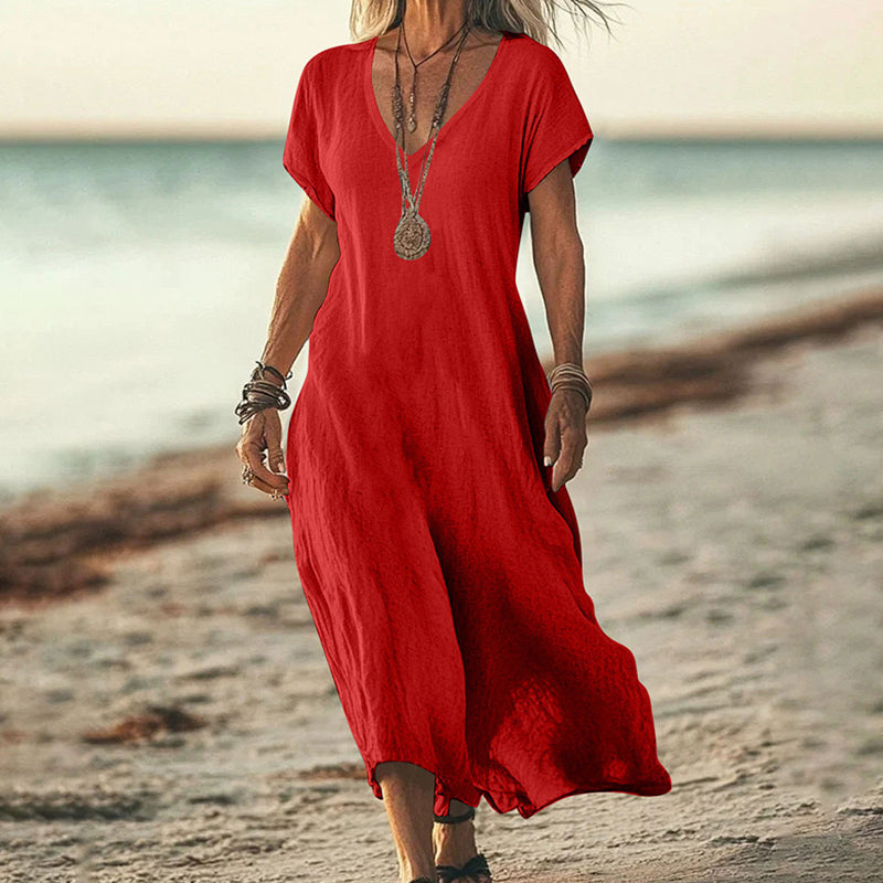 Cardydony Women's Solid Color V-neck Linen Blend Short Sleeve Dress