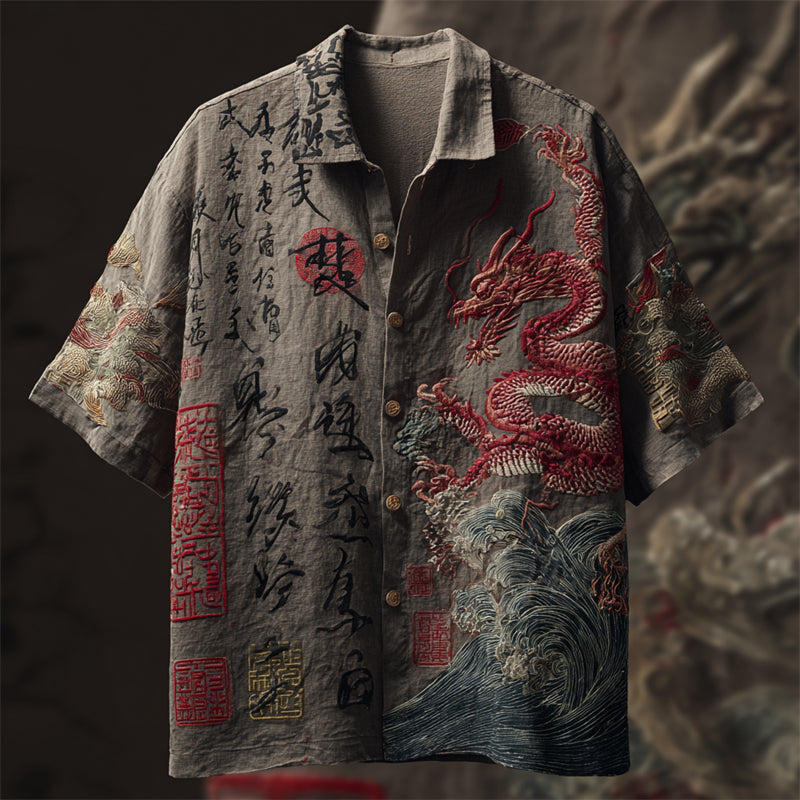 Cardydony Men's Japanese Dragon & Sea Waves Calligraphy Linen Shirt