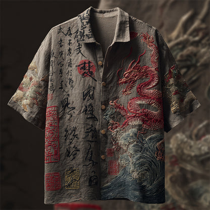 Cardydony Men's Japanese Dragon & Sea Waves Calligraphy Linen Shirt