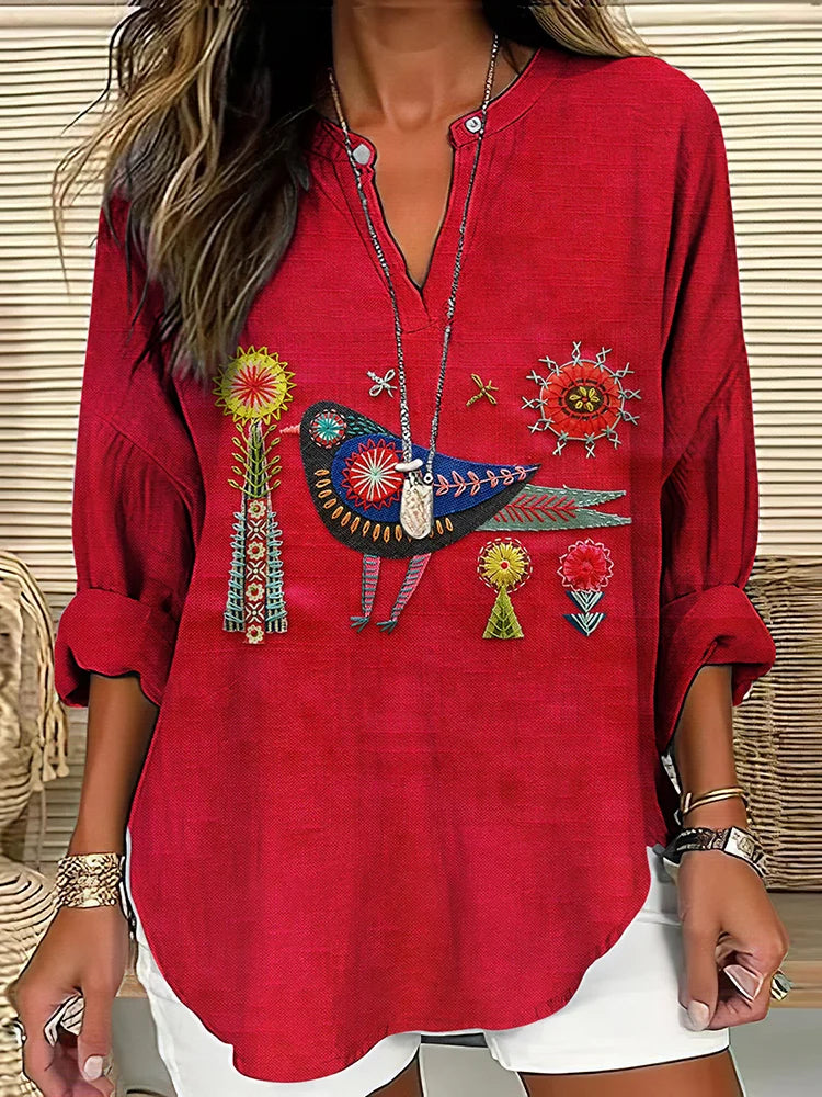 Cardydony Women's Floral And Bird Embroidery Art Pattern Cotton And Linen V-neck Shirt