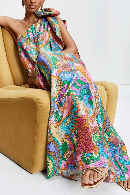 Cardydony Women's Rainbow Breeze Satin Unique Print Bow One Shoulder Loose Maxi Dress