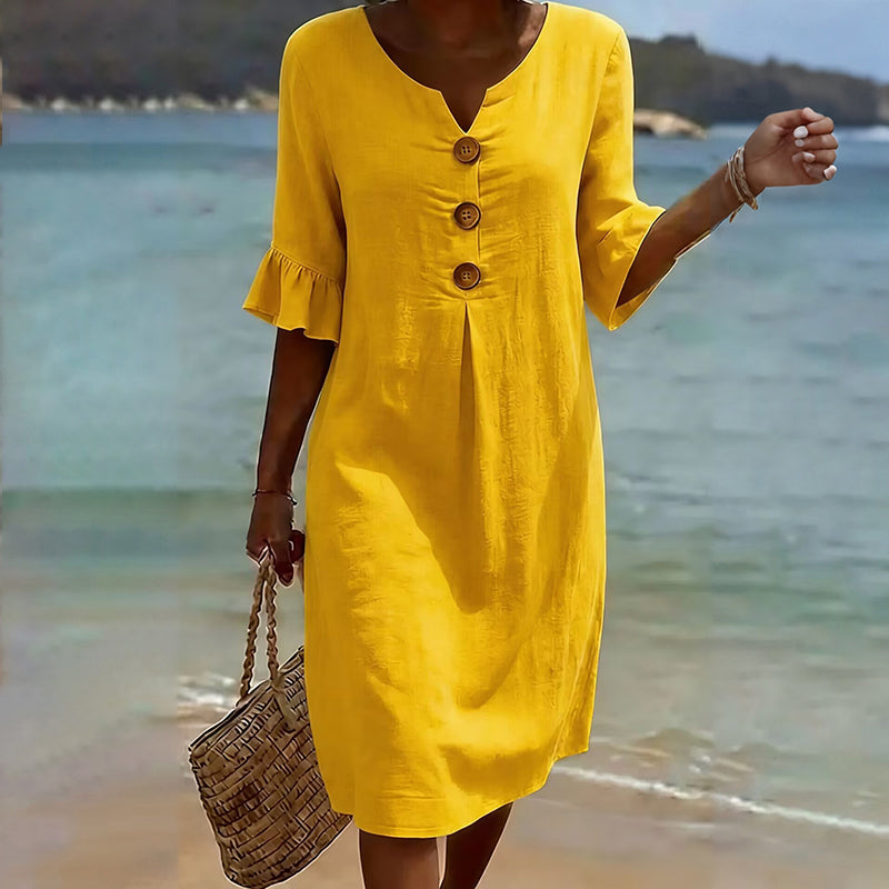 Cardydony Casual Solid-color Cotton V-neck Button Midi Dress