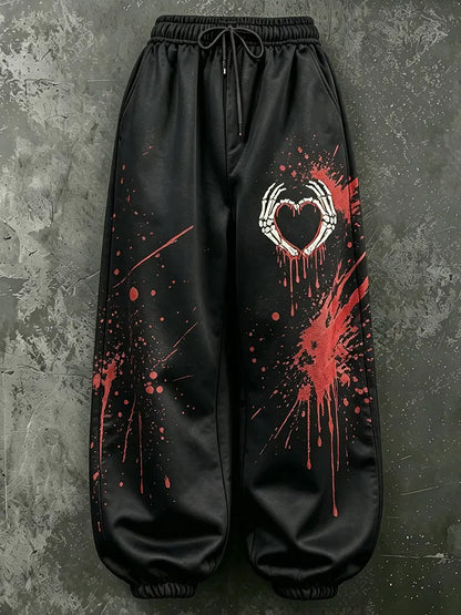 Cardydony Women's Halloween Skeleton Hand Heart-sign Print Loose Pants