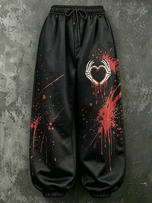 Cardydony Women's Halloween Skeleton Hand Heart-sign Print Loose Pants