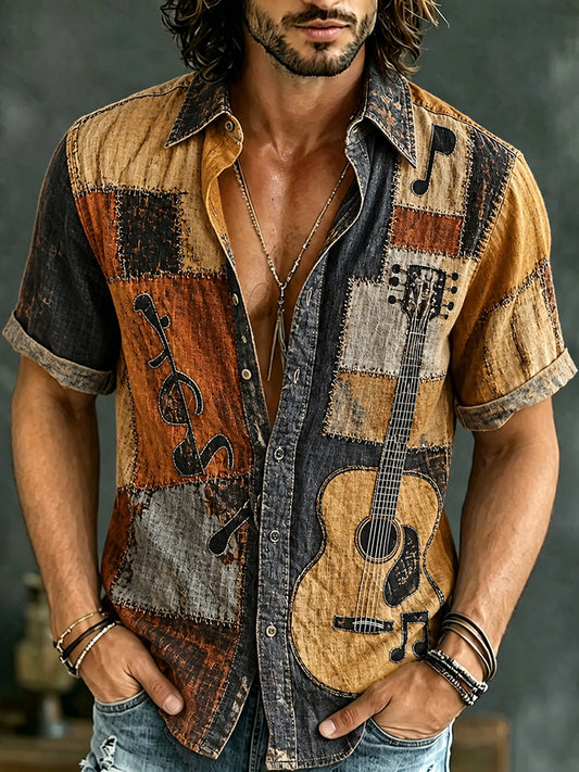 Cardydony Men's Retro Hippie Sign And Guitar Patchwork Pattern Short-sleeve Cotton Linen Shirt