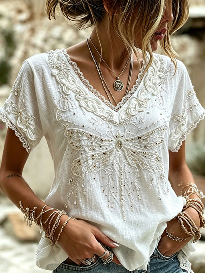 Cardydony Women's Retro Bohemian Floral Dragonfly Embroidered Sequin Print V-neck Top