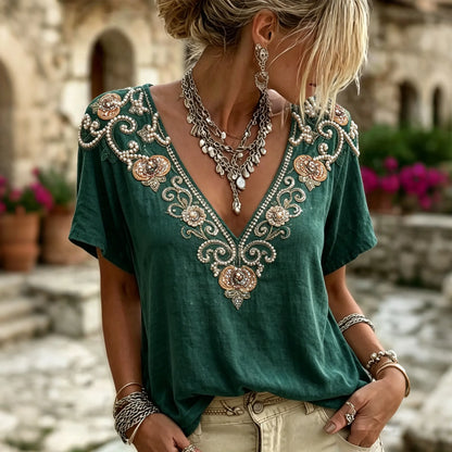 Cardydony Vintage Tribal Art Embroidery Casual Linen Cotton Short Sleeve Shirt