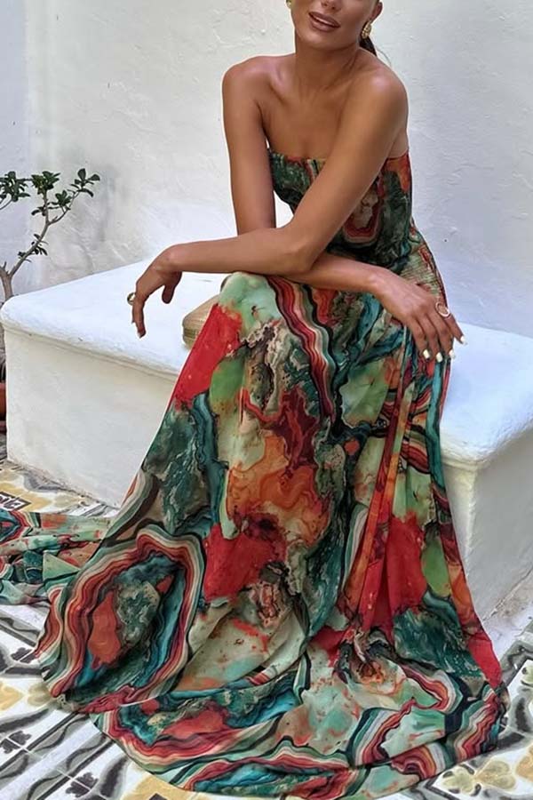 Cardydony Women's Vacay Vibes Colorful Lava Print Off Shoulder Smocked Scarf Maxi Dress