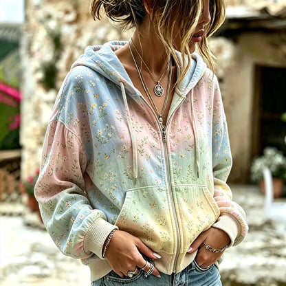Cardydony Vintage Pink Floral And Butterfly Art Print Gradient Zip-up Hoodie
