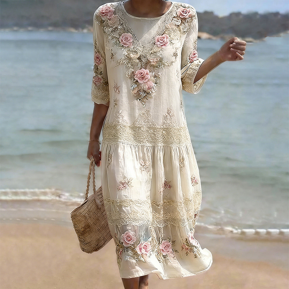 Cardydony Women's Vintage Pink Flower Embroidery Art Midi Dress