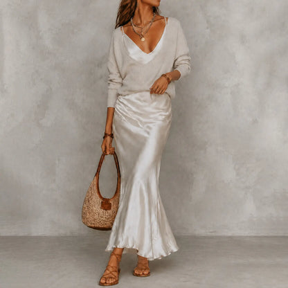 Cardydony Elegance Long-sleeved Knit Top + Satin Slip Dress Two-piece Set
