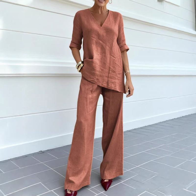 Cardydony Women's Solid Color V-neck Linen Blend Two Piece Set