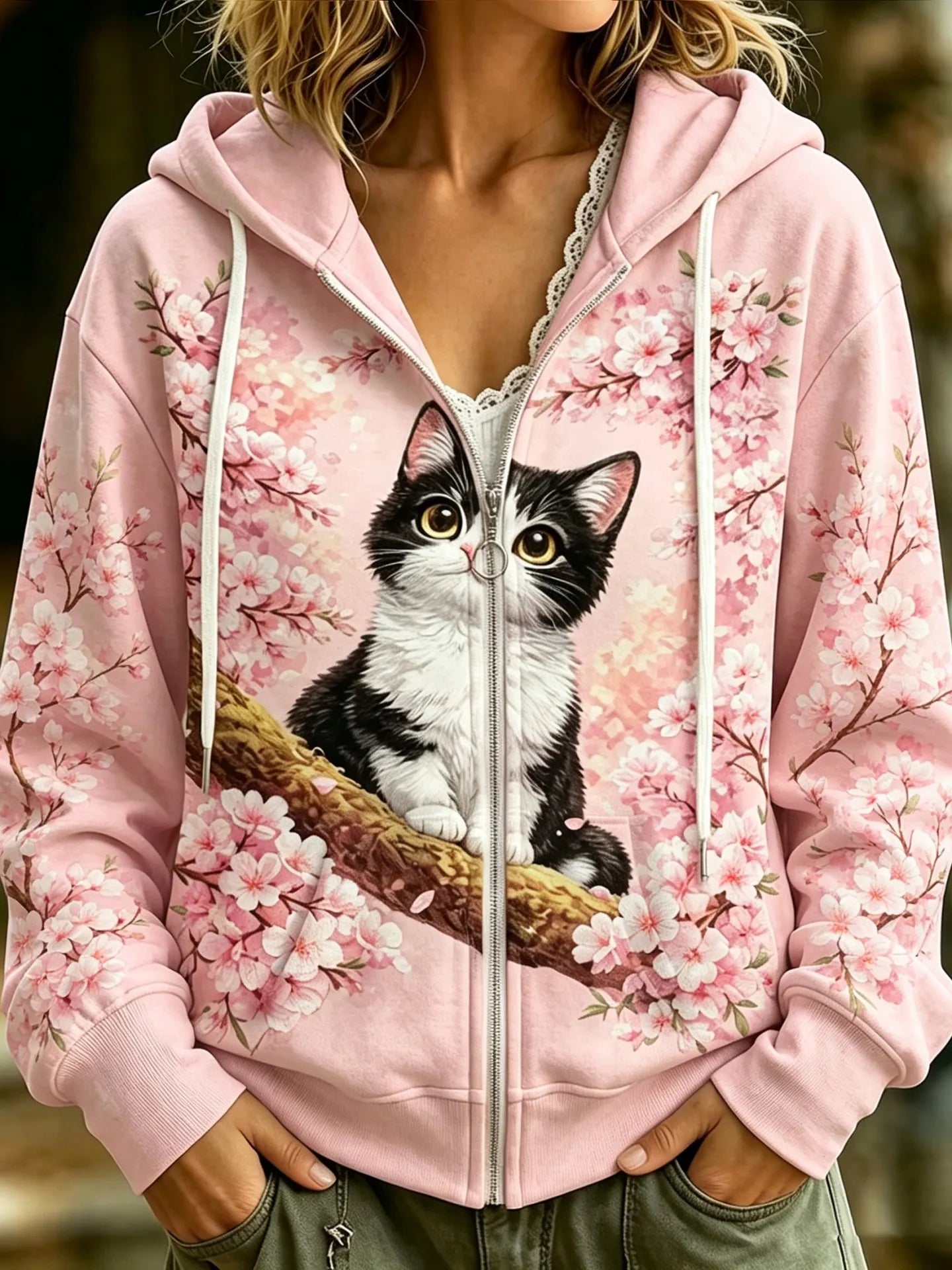 Cardydony Women's Retro Cherry Blossoms Cute Cat Print Casual Warm Zip-up Hoodie