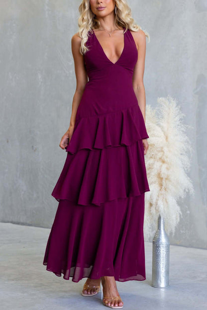 Cardydony Women's Solid Color V-neck Sleeveless Elegant Layered Maxi Dress