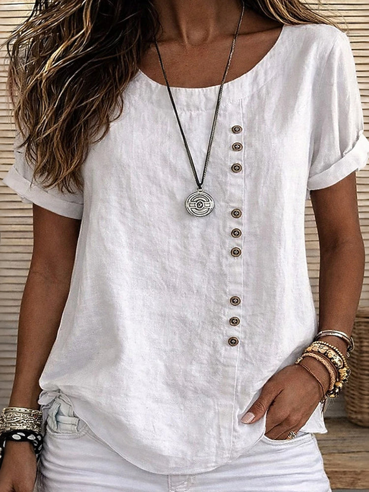 Cardydony Women's Solid Color Round Neck Button Design T-shirt