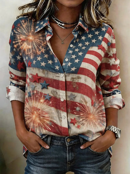 Cardydony Women's Vintage Independence Day Firework Printed Button Casual Shirt