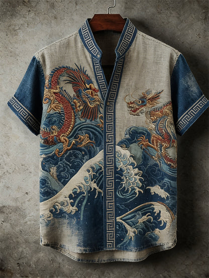 Cardydony Men's Ancient Dragons Sea Waves Japanese Art Linen Shirt