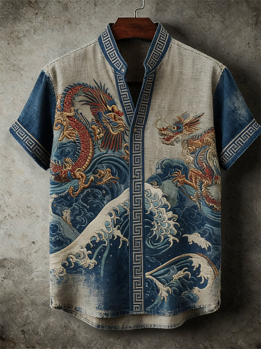 Cardydony Men's Ancient Dragons Sea Waves Japanese Art Linen Shirt