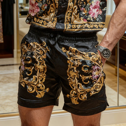 Cardydony Men's Fashion Baroque Floral Pattern Cuban Shirt And Shorts Two-piece Set