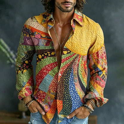 Cardydony Men's Causal Spring Hippie Vibe Colorful Sun Collage Art Print Flowy Linen Blend Shirt