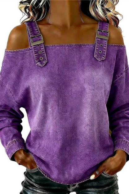 Cardydony Women's  Fashionable Faux Denim Off-shoulder Long-sleeved Loose Top