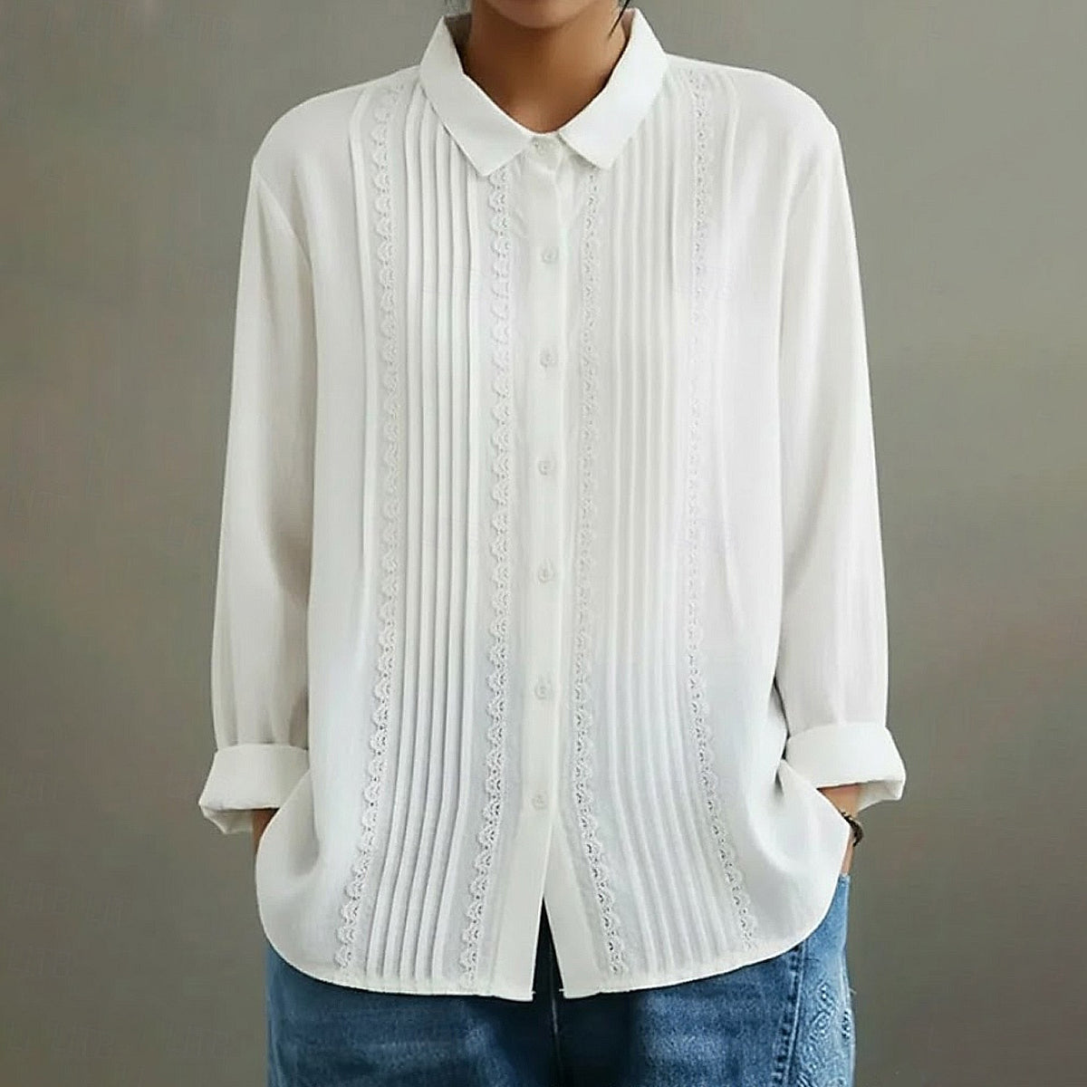 Cardydony Women's Casual Shirt Button Up Lace Linen Blend Blouse