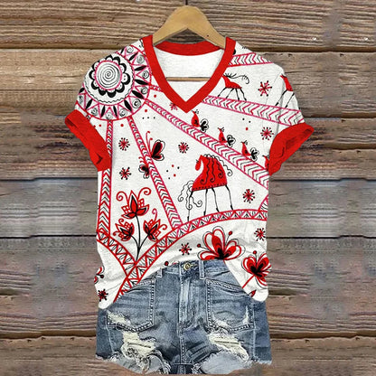 Cardydony Slavic Folk Horses Floral Art V Neck T Shirt