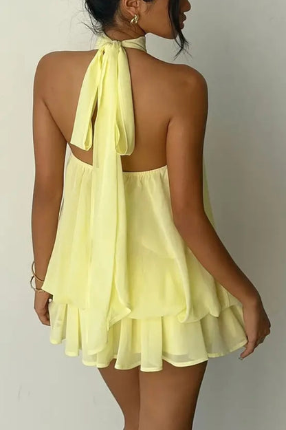 Cardydony Women's  Fashionable Chiffon Halter Neck Backless Lace-up Casual Vacation Mini Dress