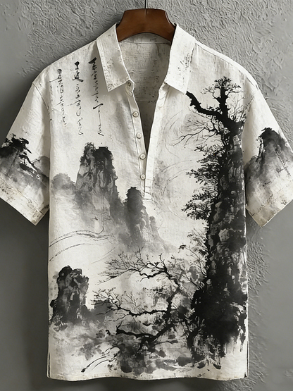 Cardydony Japanese Art Retro Leisure Short Sleeve Linen Shirt